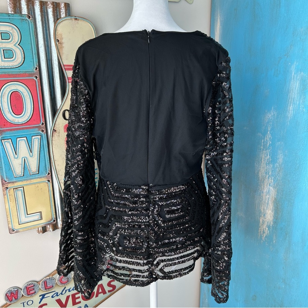 VENUS Black Sequin Bell Sleeve V-Neck Blouse Party Evening Statement Sleeve - Picture 4 of 14